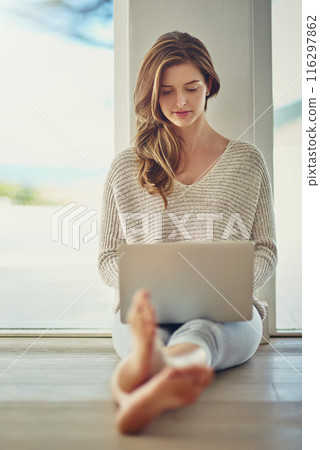 Relax, laptop and woman on floor in home for streaming subscription, watching movies and internet. Lens flare, apartment and person on computer for website, networking and research in living room 116297862