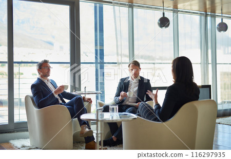 Business, people and meeting in collaboration for corporate at workplace, office or company as team. Group, brainstorming and ideas for project in discussion for planning or development as colleagues 116297935
