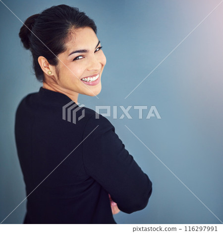 Studio, employee and face of woman, joy and professional with pride, USA and lawyer. Blue background, student and smile of person, internship and confident for law firm and financial advisor Studio, employee and face of woman, joy and professional with pride, USA and lawyer. Blue background, student and smile of person, internship and confident for law firm and financial advisor 116297991