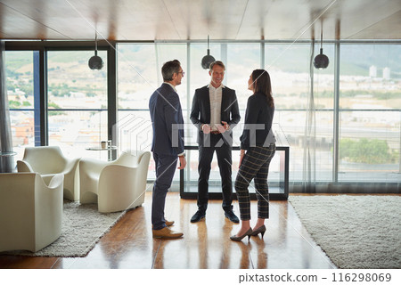 Teamwork, investor or business people for meeting, discussion or conversation for funding ideas. Group, talking or financial manager planning for growth, feedback report or project review in office 116298069