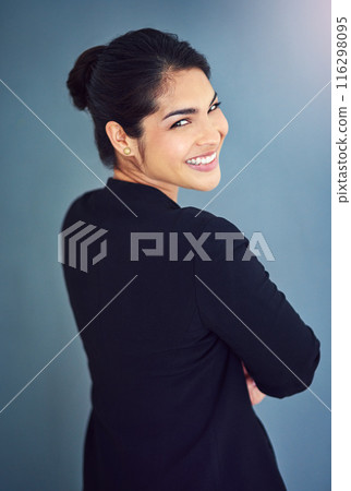 Studio, lawyer and face of woman, joy and professional with pride, USA and employee. Blue background, student and smile of person, internship and confident for law firm and financial advisor Studio, lawyer and face of woman, joy and professional with pride, USA and employee. Blue background, student and smile of person, internship and confident for law firm and financial advisor 116298095