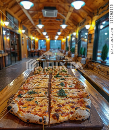 Delicious Italian pizza in rustic eatery photo Delicious Italian pizza in rustic eatery photo 116298136