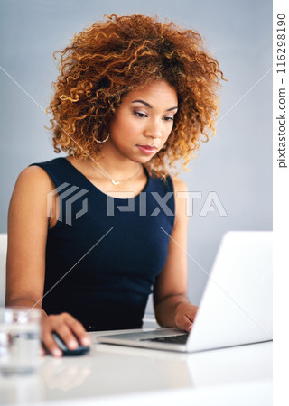 Business, thinking and black woman with laptop, online reading and consultant in modern office. African person, worker and agent with internet, pc and connection for research, decision or copywriting Business, thinking and black woman with laptop, online reading and consultant in modern office. African person, worker and agent with internet, pc and connection for research, decision or copywriting 116298190