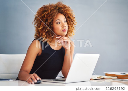 Thinking, laptop and business black woman in office for problem solving, brainstorming ideas and solution. Professional lawyer, corporate and person with computer for research, website and internet 116298192