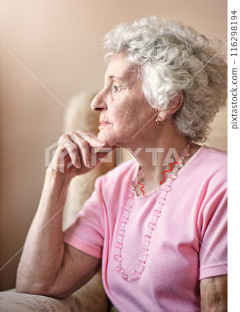 Dementia, elderly or woman thinking in nursing house with memory, ideas or calm peace on living room. Daydreaming, remember and senior lady with decision and nostalgia in retirement, lounge or home Dementia, elderly or woman thinking in nursing house with memory, ideas or calm peace on living room. Daydreaming, remember and senior lady with decision and nostalgia in retirement, lounge or home 116298194