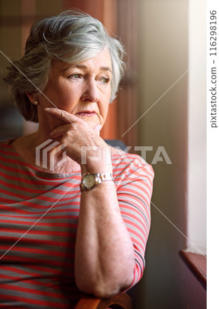 Thinking, depression and senior woman in home living room to remember memory, stress or reflection of vision. Doubt, retirement or person with alzheimer, anxiety or worry for future decision in house 116298196