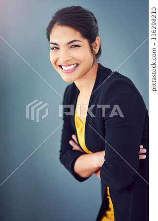 Studio, lawyer and portrait of woman, happy and professional with pride, legal and confidence. Blue background, student and smile of person, internship and career in law firm for financial advisor 116298210