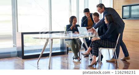 Business, people and laptop in office with strategy or idea on project with teamwork and collaboration. Employee, discussion and boardroom with conversation as partners in law firm, happy and lawyers Business, people and laptop in office with strategy or idea on project with teamwork and collaboration. Employee, discussion and boardroom with conversation as partners in law firm, happy and lawyers 116298231