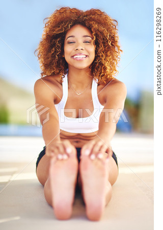 Happy woman, portrait and stretching with pilates for workout, training or outdoor exercise at home. Young female person or yogi with smile for warm up, fitness or wellness in happiness on floor Happy woman, portrait and stretching with pilates for workout, training or outdoor exercise at home. Young female person or yogi with smile for warm up, fitness or wellness in happiness on floor 116298269