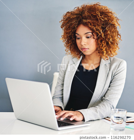 Business, thinking and black woman with laptop, typing and website info, research for article and journalist in modern office. person, worker and agent with internet, pc and connection with network 116298270