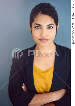 Business woman, portrait and crossed arms in studio on gray background for career, job and work. Employee, serious and confident accountant for pride, professional and corporate agenda with goals Business woman, portrait and crossed arms in studio on gray background for career, job and work. Employee, serious and confident accountant for pride, professional and corporate agenda with goals 116298332