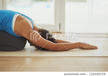 Yoga, stretch meditation and woman in home for health, wellness and mindfulness exercise. Pilates, zen chakra and calm yogi for spiritual training, holistic workout or peace in apartment living room Yoga, stretch meditation and woman in home for health, wellness and mindfulness exercise. Pilates, zen chakra and calm yogi for spiritual training, holistic workout or peace in apartment living room 116298339