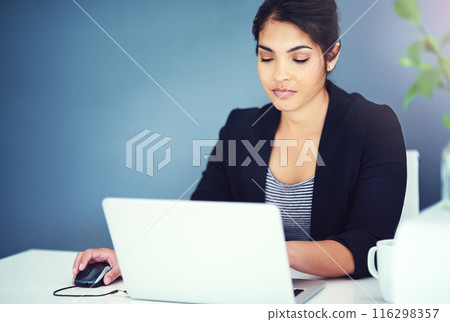 Businesswoman, work and office with laptop on desk, online review and browsing or project info on company website. Mock up, professional and social networking, administrator and planning schedule Businesswoman, work and office with laptop on desk, online review and browsing or project info on company website. Mock up, professional and social networking, administrator and planning schedule 116298357