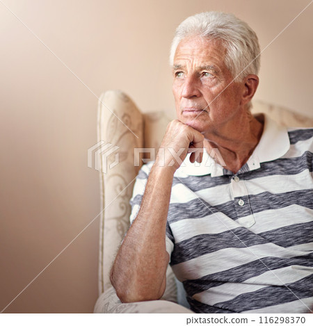 Thinking, depression and senior man in home living room to remember memory, stress or reflection of crisis. Doubt, retirement and person with alzheimer, anxiety and worry for future decision in house 116298370