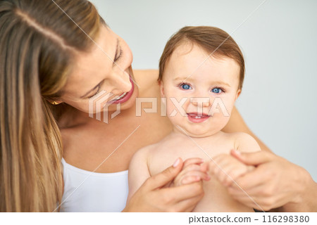 Bonding, portrait and mother holding baby at home for safety, love and protection. Happy, sweet and mom with cute toddler, kid or child for care and support together at family house in Australia. 116298380