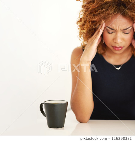 Black woman, headache and morning stress from work fail in studio with tired employee with burnout and mockup. Brain fog, fatigue and coffee with problem and mistake with worry and white background 116298381