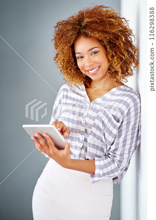 African woman, tablet and portrait by wall for click with research, notification or email by background. Person, digital touchscreen and smile for writing, editing or freelance job at creative agency African woman, tablet and portrait by wall for click with research, notification or email by background. Person, digital touchscreen and smile for writing, editing or freelance job at creative agency 116298388