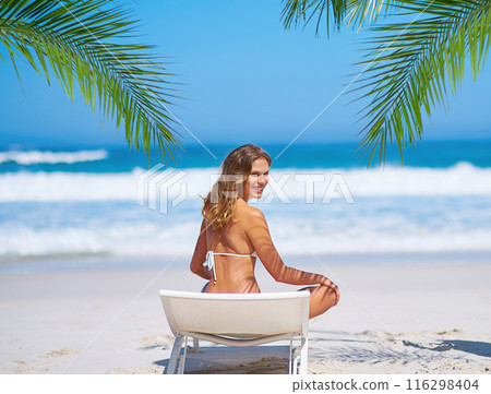 Woman, sea and bikini on blue sky for beach holiday, vacation and summer smile or outdoor ocean. Tourist, nature and Miami for confidence, clean air and weekend travel with swimsuit in the sun 116298404