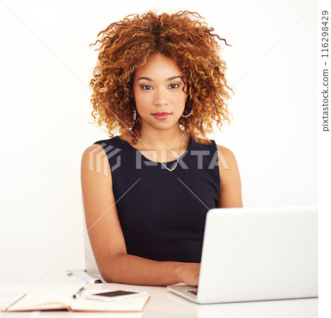 Business, portrait and woman with confidence, laptop and networking for online project, research or planning in studio. Pride, opportunity and consultant with computer, notebook and white background. 116298429