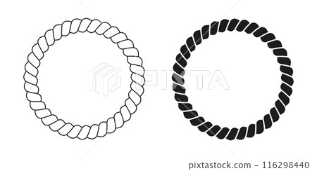 Black and white round rope frames. Cord or thread, steel cable or hemp twine, jute circular borders. Design elements in yacht or nautical style. Vector graphic illustration 116298440