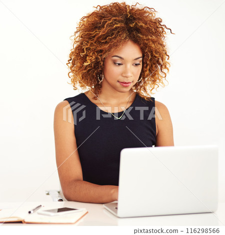 Office, studio and woman with laptop, typing and networking for online project, research or planning. Writing, communication and consultant at desk with computer, business ideas and white background. 116298566