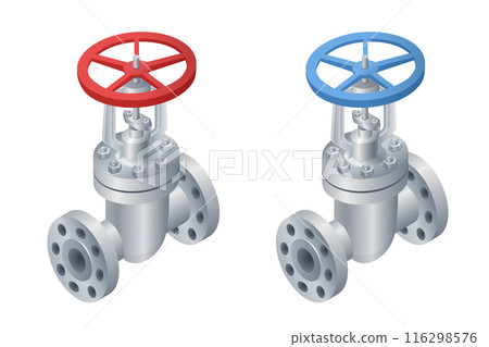 Vector set of isometric illustrations of shutoff valve. Stop valve vector icon. Pipe fitting 116298576
