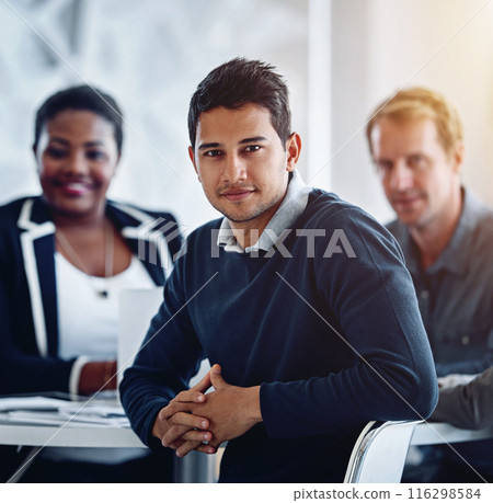 Meeting, portrait and man in business, confident and proud of teamwork for project, growth and increase in sales. Boardroom, auditor and person in workplace, professional and face of employee 116298584