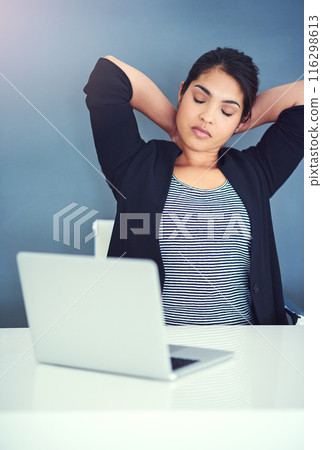 Business, woman and stretch or tired with laptop, burnout and exhausted for online report or review. Deadline, stress and mental health crisis or overworked, administrator and workplace break Business, woman and stretch or tired with laptop, burnout and exhausted for online report or review. Deadline, stress and mental health crisis or overworked, administrator and workplace break 116298613