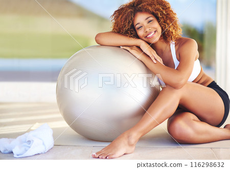 Girl, happy and confident in home with medicine ball for exercise, workout and satisfied with progress. Female person, break and smile or portrait with fitness for health, wellbeing and wellness Girl, happy and confident in home with medicine ball for exercise, workout and satisfied with progress. Female person, break and smile or portrait with fitness for health, wellbeing and wellness 116298632