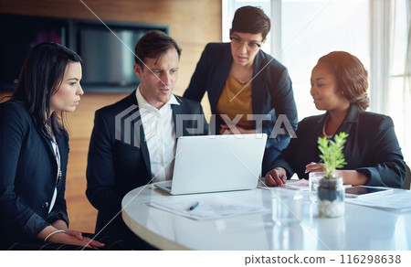 Business people, laptop and teamwork for brainstorming, planning for project and cooperation in modern office. Executive team, board members and computer for webinar, virtual meeting and feedback 116298638