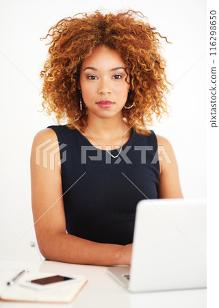 Business, portrait and woman with laptop, networking and confidence for online project, research or planning in studio. Pride, opportunity and consultant with computer, notebook and white background Business, portrait and woman with laptop, networking and confidence for online project, research or planning in studio. Pride, opportunity and consultant with computer, notebook and white background 116298650