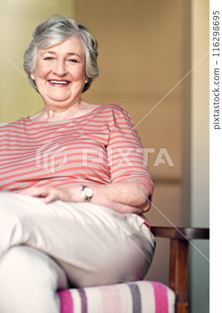 Senior woman, home and portrait with smile for retirement or pension to relax, break and chill. Elderly person, happy and confident or proud and satisfied in positivity as pensioner, cheerful or joy 116298695