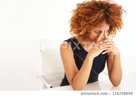 Black woman, headache and worker stress from fail in office with tired employee with burnout and anxiety. Brain fog, fatigue and problem at desk with worry from public relations deadline at job 116298699