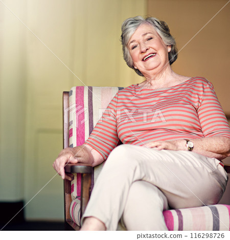 Senior woman, home and portrait with smile for retirement or pension to relax, break and chill. Elderly person, happy and confident or proud and satisfied in positivity as pensioner, cheerful or joy 116298726