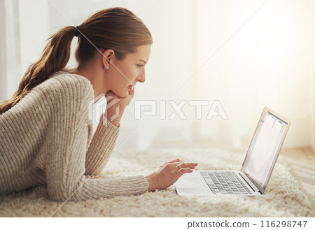 Relax, laptop and woman in home on weekend for streaming subscription, watching movies and internet. Floor, apartment and happy person on computer for website, networking and online in living room 116298747