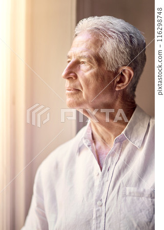 Senior man, home and reflection in chair with memories or thinking on retirement, break and chill. Thoughts, calm and relax or peaceful as elderly person with mindfulness, perspective and nostalgia 116298748