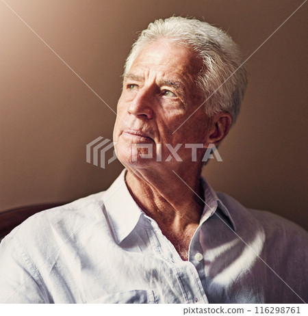 Thinking, depression and senior man in home living room to remember memory, stress or reflection of crisis. Doubt, retirement and person with alzheimer, anxiety and worry for future decision in house 116298761