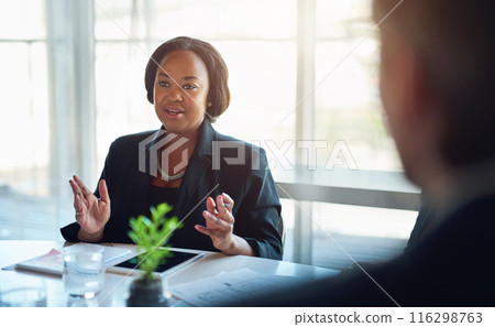 Meeting, planning and business woman with team in office for company stock market investment. Discussion, corporate and financial advisors working in collaboration on finance budget in boardroom. 116298763