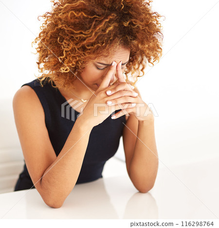 Black woman, headache and sad from fail in office with tired employee with burnout and anxiety. Brain fog, fatigue and working problem at desk with worry from public relations deadline at job Black woman, headache and sad from fail in office with tired employee with burnout and anxiety. Brain fog, fatigue and working problem at desk with worry from public relations deadline at job 116298764