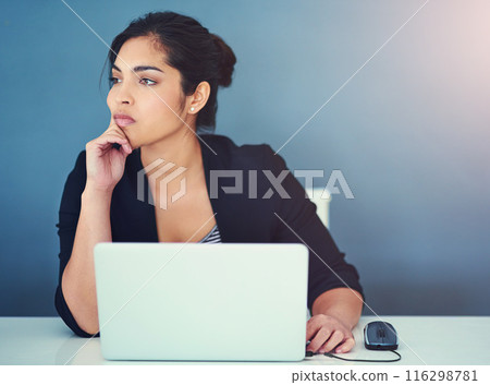 Business woman, laptop and thinking of solution, ideas or brainstorming on wall background. Bored writer, editor or worker on computer with serious and thoughtful expression for copywriting online Business woman, laptop and thinking of solution, ideas or brainstorming on wall background. Bored writer, editor or worker on computer with serious and thoughtful expression for copywriting online 116298781