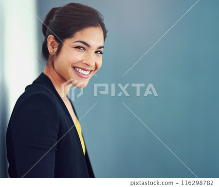 Studio, lawyer and woman with smile, portrait and professional with confidence, legal and mockup. Blue background, student and happiness of person, internship and career of law firm for attorney 116298782