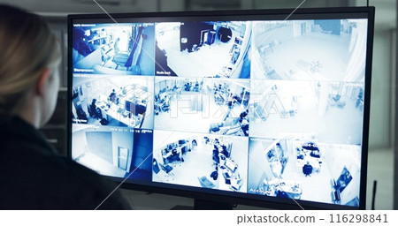 Security guard, inspection and woman by cctv monitor for protection, building safety or data center. Watching, video surveillance agency and control room with footage, computer system and back view Security guard, inspection and woman by cctv monitor for protection, building safety or data center. Watching, video surveillance agency and control room with footage, computer system and back view 116298841
