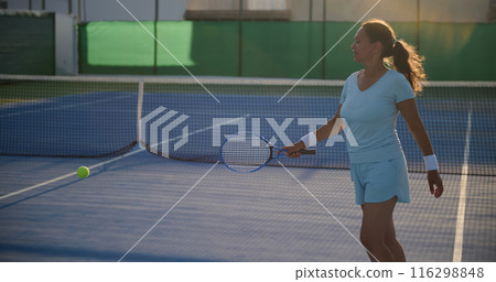 Woman playing tennis on a sunny outdoor court Woman playing tennis on a sunny outdoor court 116298848