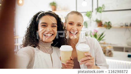 Woman, friends and selfie with coffee in cafe together, memory and capture photography in restaurant. Online vlog, internet post and happy smile with cappuccino, bonding pov and gen z influencer Woman, friends and selfie with coffee in cafe together, memory and capture photography in restaurant. Online vlog, internet post and happy smile with cappuccino, bonding pov and gen z influencer 116298872