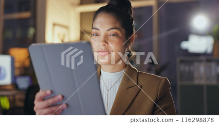 Night, business and woman with tablet, stock market and internet with research for proposal, app and accounting. Person, evening or employee with tech, professional and website for trading or broker Night, business and woman with tablet, stock market and internet with research for proposal, app and accounting. Person, evening or employee with tech, professional and website for trading or broker 116298878