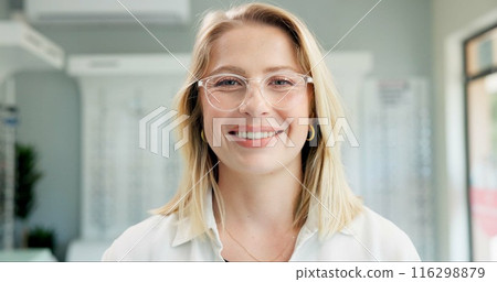 Smile, optometry and portrait of woman with glasses for vision, eye health and wellness in store. Happy, ophthalmology and face of female person with prescription lens spectacles in optical clinic. Smile, optometry and portrait of woman with glasses for vision, eye health and wellness in store. Happy, ophthalmology and face of female person with prescription lens spectacles in optical clinic. 116298879