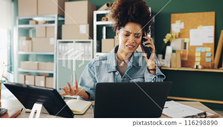 Entrepreneur, frustrated and woman with phone call, office and boxes for ecommerce, stress and shipping. Small business, owner and girl with mobile, logistics and communication for sales in warehouse Entrepreneur, frustrated and woman with phone call, office and boxes for ecommerce, stress and shipping. Small business, owner and girl with mobile, logistics and communication for sales in warehouse 116298890