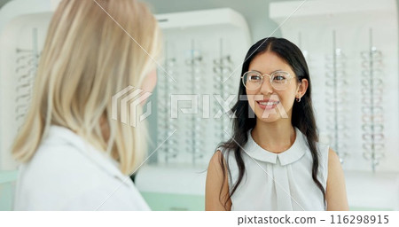Consulting, optometrist and client at store for glasses, eye health and wellness at shop. Ophthalmology, lens frame and happy woman help customer for spectacles choice, vision or eyesight correction 116298915
