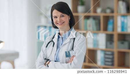 Happy woman, portrait and doctor with confidence for medical profession, career or healthcare at hospital. Female person, consultant or health professional with smile or stethoscope at office clinic Happy woman, portrait and doctor with confidence for medical profession, career or healthcare at hospital. Female person, consultant or health professional with smile or stethoscope at office clinic 116298941