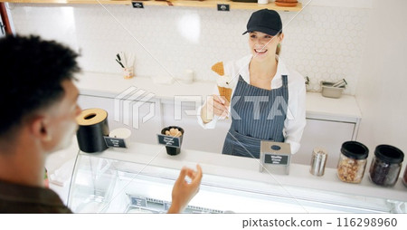 Woman, ice cream and customer with service, gelato and smile with giving dessert at restaurant. Helping, server and waitress with working in for vanilla, cone and snack at counter with staff Woman, ice cream and customer with service, gelato and smile with giving dessert at restaurant. Helping, server and waitress with working in for vanilla, cone and snack at counter with staff 116298960